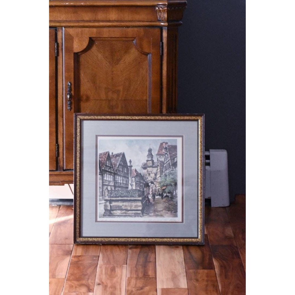 European Town Square Watercolor Print Architecture Framed Wall Decor Clock tower